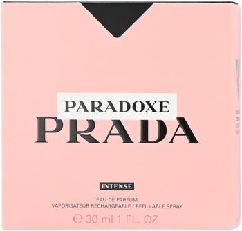 Różowe pudełko Prada Paradoxe Intense woda perfumowana 30ml, czarny napis, widok z przodu.