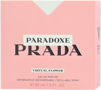Różowe pudełko perfum Prada Paradoxe Virtual Flower EDP 50ml, widok z przodu, białe logo i tekst.