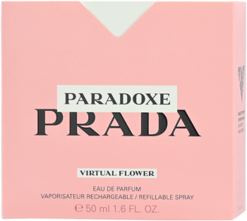 Różowe pudełko perfum Prada Paradoxe Virtual Flower EDP 50ml, widok z przodu, białe logo i tekst.