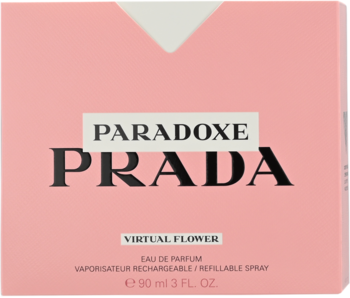 Różowe pudełko perfum Prada Paradoxe Virtual Flower EDP 90 ml, z białą górą, czarne napisy, widok z przodu.