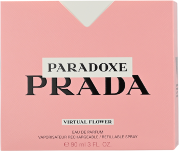 Różowe pudełko perfum Prada Paradoxe Virtual Flower EDP 90 ml, z białą górą, czarne napisy, widok z przodu.