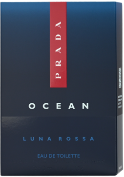 Granatowe pudełko męskiej wody toaletowej Prada Luna Rossa Ocean, z czerwonym paskiem i napisem PRADA, widok z przodu.