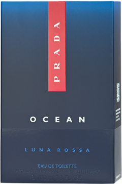 Męska woda toaletowa Prada Luna Rossa Ocean w granatowym opakowaniu z czerwonym paskiem, widok z przodu.