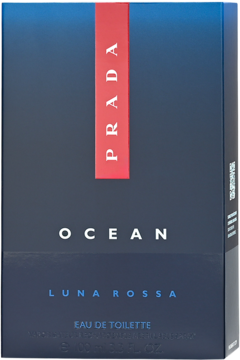 Męska woda toaletowa Prada Luna Rossa Ocean w granatowym opakowaniu z czerwonym paskiem, widok z przodu.