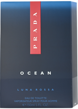 Prada Luna Rossa Ocean męska woda toaletowa 150ml, ciemnoniebieskie pudełko z pionowym czerwonym paskiem i napisem PRADA, widok z przodu.