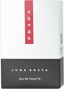 Prada Luna Rossa, męska woda toaletowa w biało-szarym pudełku z czerwoną etykietą PRADA. Widok z przodu.