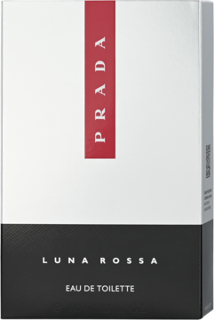 Prada Luna Rossa męska woda toaletowa, opakowanie biało-szare z pionowym czerwonym paskiem, widok z przodu.