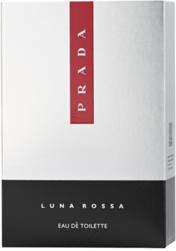 Białe opakowanie wody toaletowej Prada Luna Rossa dla mężczyzn, z czerwoną etykietą i czarnym spodem.