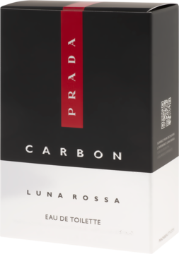 Prada Luna Rossa Carbon Eau de Toilette, czarno-białe opakowanie z pionową czerwoną linią, widok pod kątem.