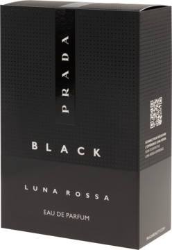 Czarna woda perfumowana Prada Luna Rossa Black, matowe pudełko z białym napisem, przód i bok.