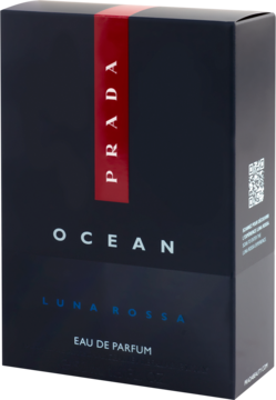 Męska woda perfumowana Prada Luna Rossa Ocean w granatowym pudełku z czerwonym paskiem, widok przód i bok.