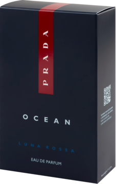Prada Luna Rossa Ocean męska woda perfumowana EDP w ciemnym pudełku z czerwoną linią, widok z przodu i boku.
