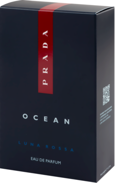 Prada Luna Rossa Ocean męska woda perfumowana EDP w ciemnym pudełku z czerwoną linią, widok z przodu i boku.