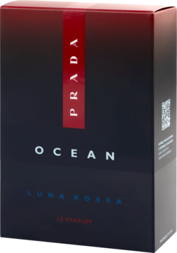 Prada Luna Rossa Ocean męskie perfumy w czarnym pudełku z pionowym czerwonym paskiem PRADA, widok pod kątem.