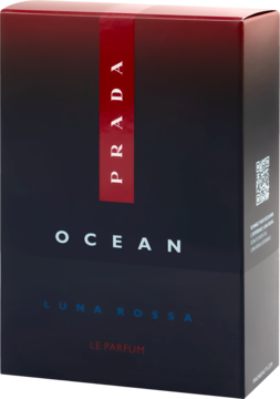 Prada Luna Rossa Ocean męskie perfumy w czarnym pudełku z pionowym czerwonym paskiem PRADA, widok pod kątem.