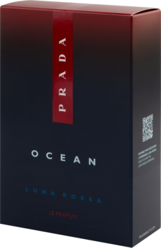 Prada Luna Rossa Ocean Le Parfum, perfumy męskie. Ciemne pudełko z czerwoną pionową etykietą, widok pod kątem.