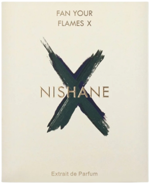 Nishane Fan Your Flames X Extrait de Parfum, kwadratowe opakowanie w kremowym kolorze z dużym ciemnym 'X' i złotym napisem.