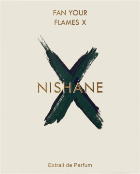 Nishane Fan Your Flames X ekstrakt perfum, beżowa etykieta z dużym zielonym znakiem X i złotym logo.