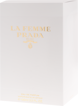 Białe opakowanie wody perfumowanej Prada La Femme, z złotymi napisami, widok z przodu i z boku.