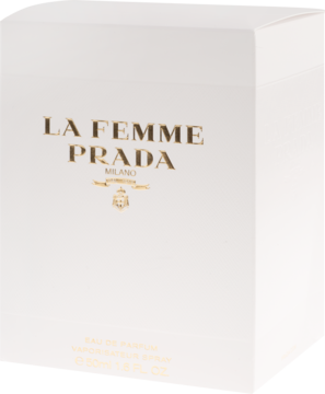 Białe pudełko Prada La Femme Eau de Parfum 50ml, złote napisy, kwiatowo-orientalny, ujęcie z przodu.