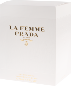 Białe pudełko Prada La Femme Eau de Parfum 50ml, złote napisy, kwiatowo-orientalny, ujęcie z przodu.
