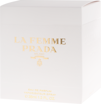 Białe opakowanie damskiej wody perfumowanej Prada La Femme ze złotymi napisami, ujęcie z przodu pod kątem.