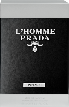 Czarne pudełko perfum Prada L'Homme Intense, front, biały napis 'L'HOMME PRADA' i logo, srebrne detale.