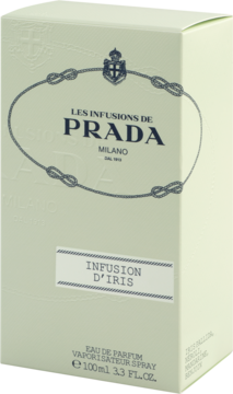 Prada Infusion d'Iris woda perfumowana, eleganckie beżowo-zielone opakowanie, widok z przodu pod kątem.
