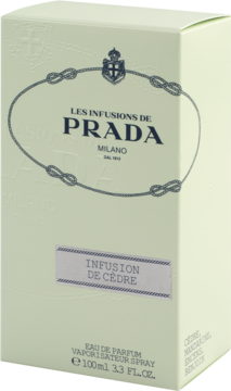 Prada Infusion de Cèdre EDP, jasnobeżowe pudełko 100ml z szarym napisem i ozdobnymi węzłami, widok z przodu.