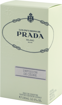 Prada Infusion de Cèdre EDP, jasnobeżowe pudełko 100ml z szarym napisem i ozdobnymi węzłami, widok z przodu.