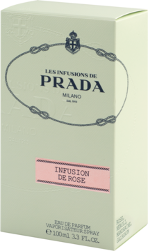 Prada Infusion De Rose woda perfumowana 100ml, eleganckie zielonkawe pudełko z różową etykietą, widok z przodu.
