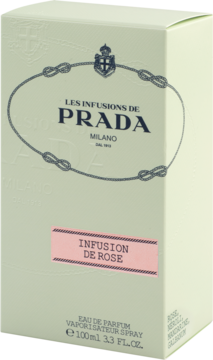 Prada Infusion De Rose woda perfumowana 100ml, eleganckie zielonkawe pudełko z różową etykietą, widok z przodu.