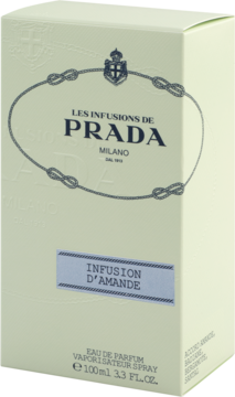 Perfumy Prada Infusion d'Amande EDP 100ml, beżowe pudełko z logo i wzorem węzłów, ujęcie pod kątem.