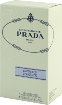 Perfumy Prada Infusion d'Amande EDP 100ml, beżowe pudełko z logo i wzorem węzłów, ujęcie pod kątem.