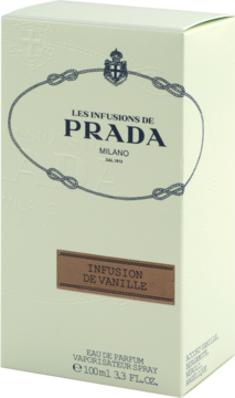 Perfumy Prada Infusion de Vanille w kremowym pudełku 100ml, widok pod kątem, z brązową etykietą.