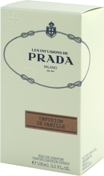 Perfumy Prada Infusion de Vanille w kremowym pudełku 100ml, widok pod kątem, z brązową etykietą.