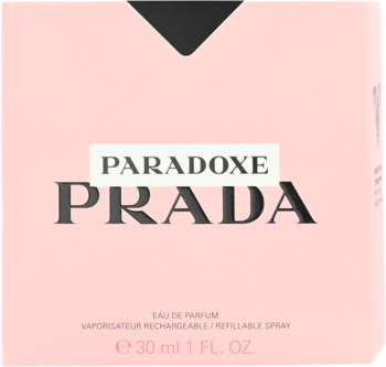 Prada Paradoxe damska woda perfumowana, różowe kartonowe opakowanie 30ml z czarnym napisem, widok frontalny.