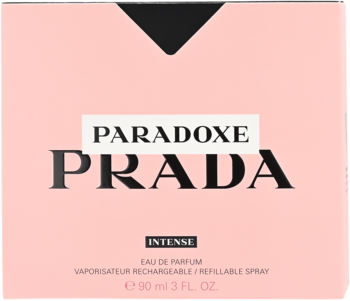 Różowe pudełko perfum Prada Paradoxe Intense EDP 90ml, widok z przodu z czarno-białym logo i tekstem.