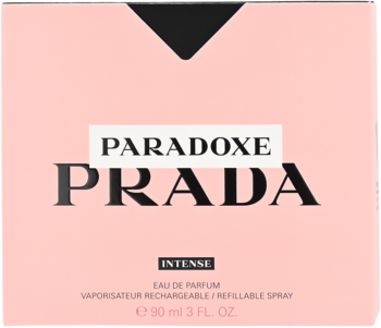 Różowe pudełko perfum Prada Paradoxe Intense EDP 90ml, widok z przodu z czarno-białym logo i tekstem.
