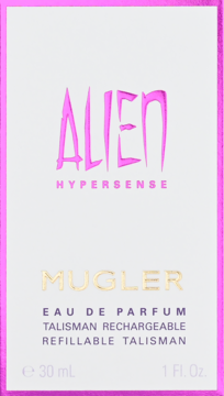 Białe pudełko Mugler Alien Hypersense Eau de Parfum 30ml, różowa ramka i logo, widok z przodu, uzupełniane.