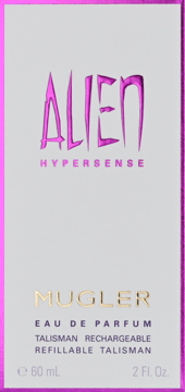 Przednia strona białego pudełka perfum Mugler Alien Hypersense 60ml, z różowym napisem i złotym logo.