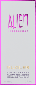 Mugler Alien Hypersense woda perfumowana 90ml, jasnoszare pudełko z różowymi detalami i logo, widok z przodu.