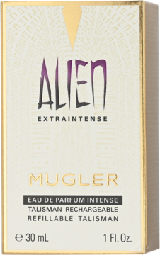 Złote, eleganckie pudełko Mugler Alien Extraintense Eau de Parfum Intense 30 ml, z fioletowym napisem, widok z przodu.