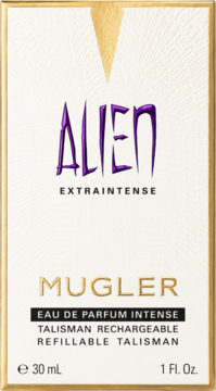 Białe pudełko Mugler Alien Extra Intense EDP 30ml, fioletowe logo, złoty akcent, napis 'Rechargeable', widok z przodu.