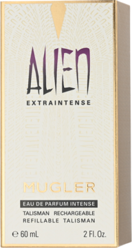 Mugler Alien Extraintense woda perfumowana 60ml. Złoty kartonik, fioletowy napis, widok z przodu, refillable.