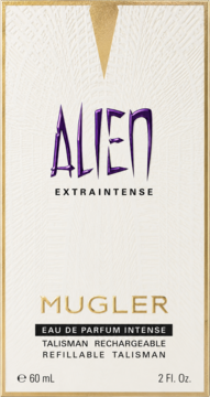 Biało-złote pudełko T.Mugler Alien Extra Intense Eau de Parfum Intense 60ml, przód z fioletowym napisem, refilable.