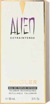 Mugler Alien Extra Intense EDP 90ml refillable perfume box, white with gold/purple logo, front view.