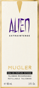 Front biało-złotego opakowania perfum Mugler Alien Extra Intense 90ml, z fioletowym logo, talizman uzupełniany.