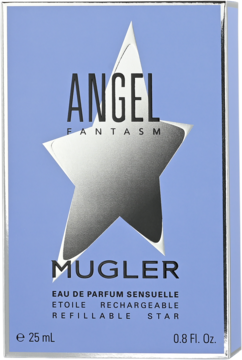 Opakowanie Angel Fantasm Mugler EDP, jasnoniebieskie z dużą srebrną gwiazdą, widok z przodu, 25ml.