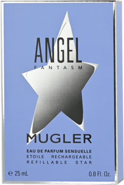 Opakowanie Angel Fantasm Mugler EDP, jasnoniebieskie z dużą srebrną gwiazdą, widok z przodu, 25ml.